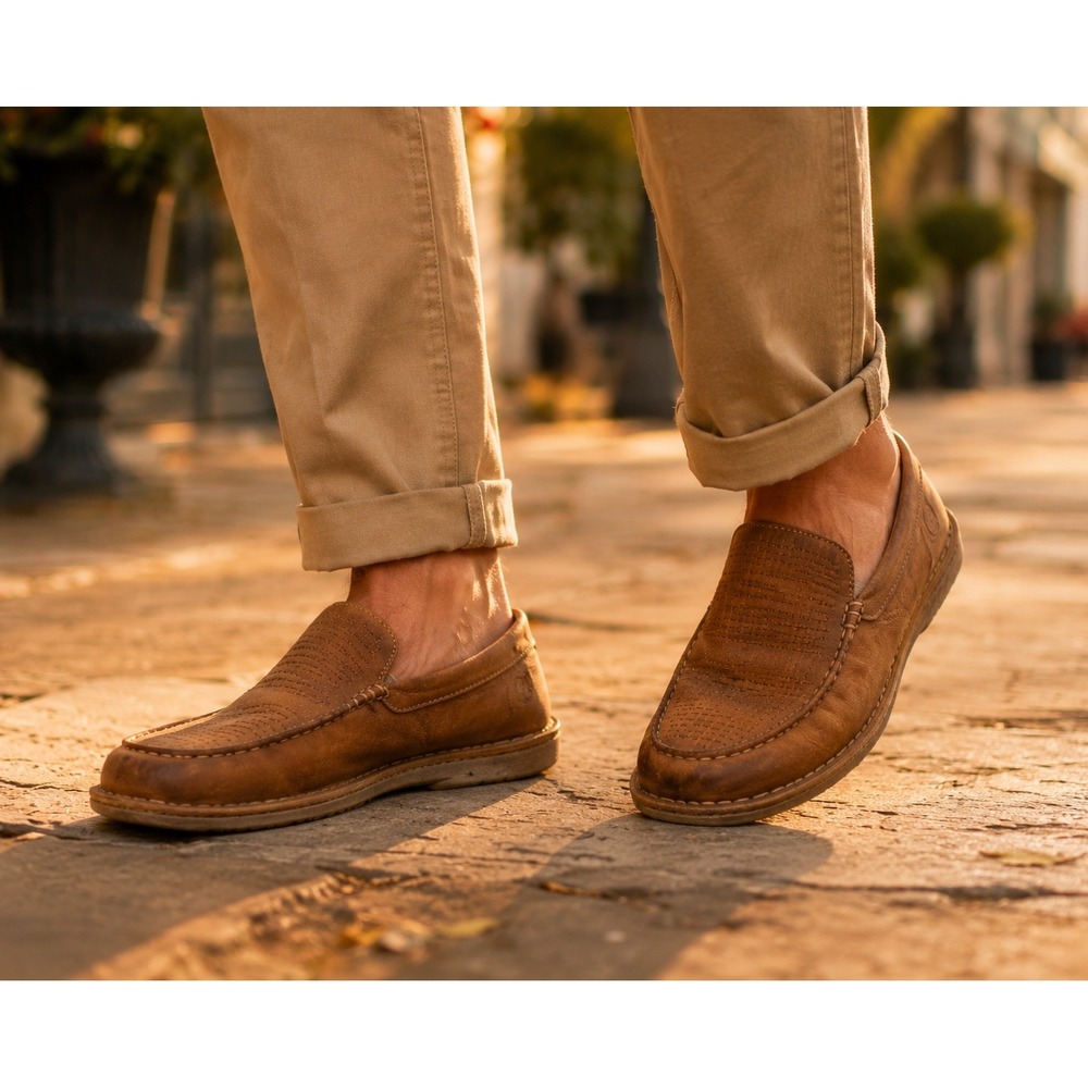 Born Mens 8.5‎ Brown Leather Perforated Slip On Loafers BM0006206 Handcrafted